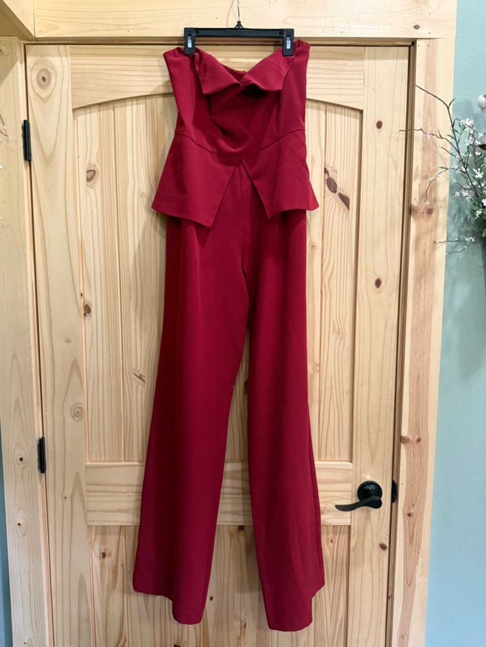 Strapless Peplum Wide-Leg Jumpsuit in Deep Red